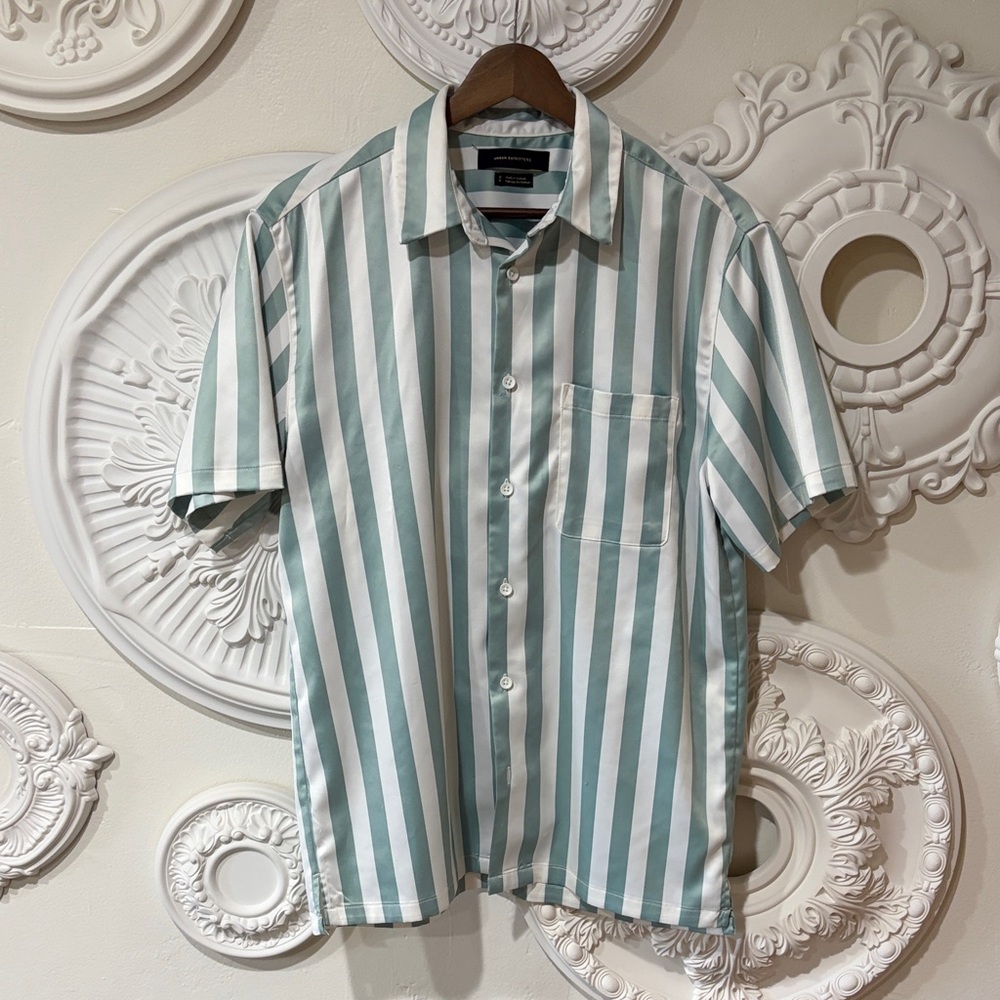 Men's Casual Green and White Striped Shirt